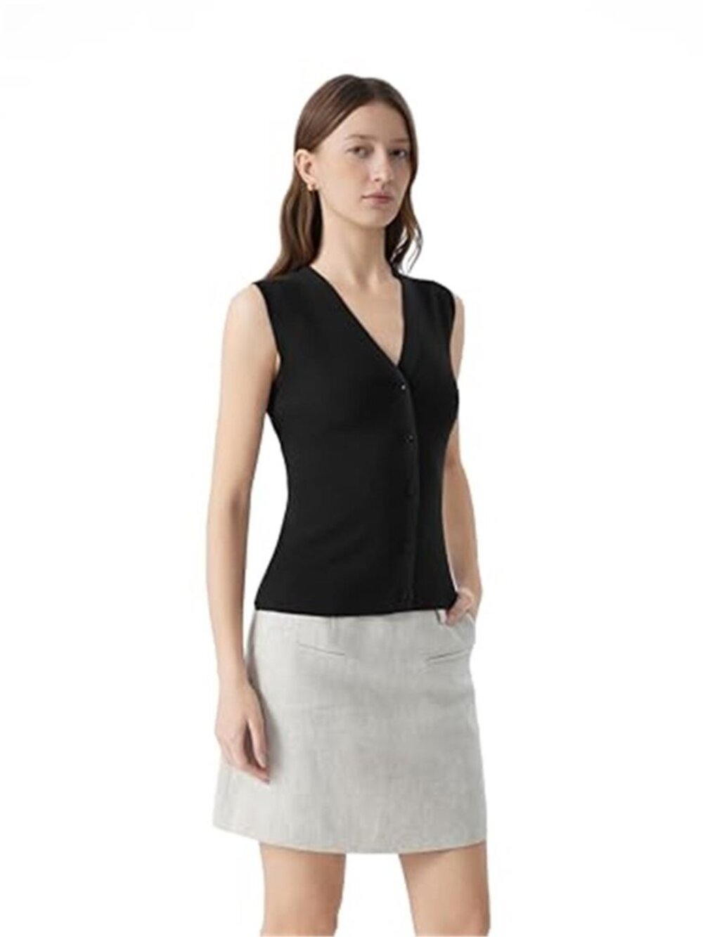 Women's Sleeveless Sweater Tops Summer V Neck Button Down Vest Top - Picture 2 of 5